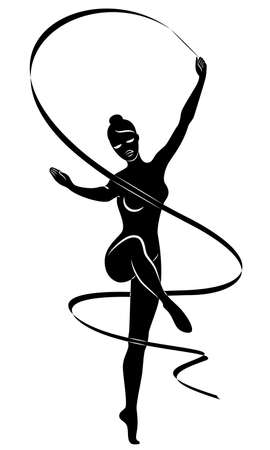 Rhythmic gymnastics. Silhouette of a girl with a ribbon. Beautiful gymnast. The woman is slim and young. Vector illustrationのイラスト素材