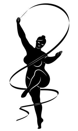 Gymnastics. Silhouette of a girl with a ribbon. The woman is overweight, a large body. The girl is full figured. Vector illustrationのイラスト素材