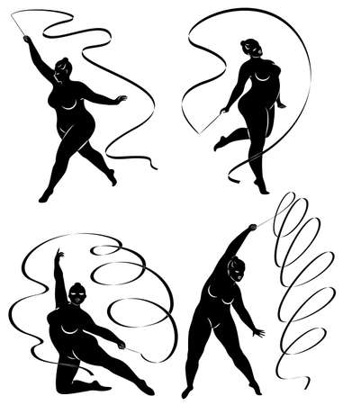 Collection. Gymnastics. Silhouette of a girl with a ribbon. The woman is overweight, a large body. The girl is full figured. Vector illustration set.のイラスト素材