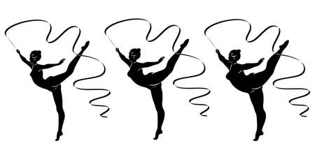 Collection. Silhouette of a cute lady, she is engaged in rhythmic gymnastics with a ribbon. The woman is overweight and slender girl athlete. Vector illustration set.のイラスト素材