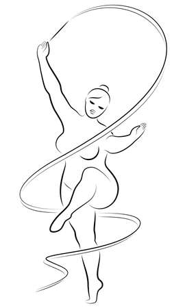 Gymnastics. Silhouette of a girl with a ribbon. The woman is overweight, a large body. The girl is full figured. Vector illustration.のイラスト素材