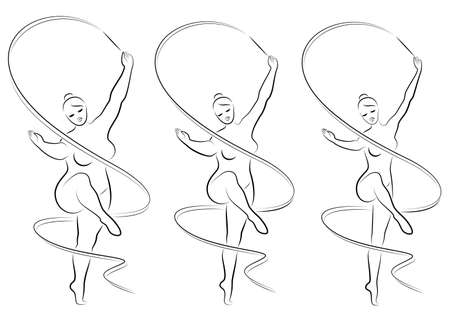 Collection. Silhouette of a cute lady, she is engaged in rhythmic gymnastics with a ribbon. The woman is overweight and slender girl athlete. Vector illustration set.のイラスト素材
