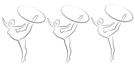 Collection. Silhouette of a cute lady, she is engaged in rhythmic gymnastics with a hoop. The woman is overweight and a slender girl athlete. Vector illustration setのイラスト素材