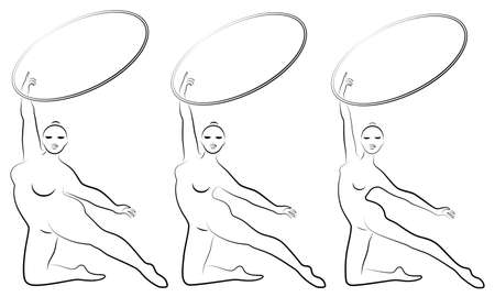 Collection. Silhouette of a cute lady, she is engaged in rhythmic gymnastics with a hoop. The woman is overweight and a slender girl athlete. Vector illustration setのイラスト素材