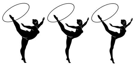Collection. Silhouette of a cute lady, she is engaged in rhythmic gymnastics with a hoop. The woman is overweight and a slender girl athlete. Vector illustration set.のイラスト素材