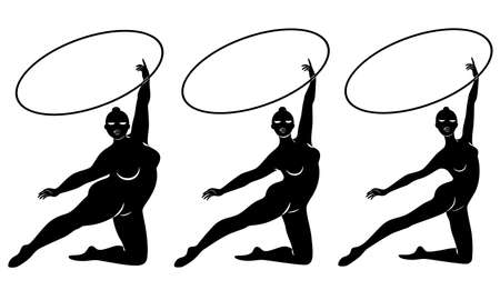 Collection. Silhouette of a cute lady, she is engaged in rhythmic gymnastics with a hoop. The woman is overweight and a slender girl athlete. Vector illustration setのイラスト素材