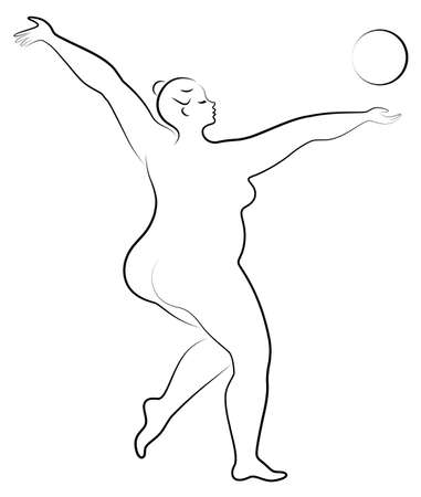 Gymnastics Silhouette of a girl with a ball. The woman is overweight, a large body. The girl is a full figure. Vector illustration.のイラスト素材