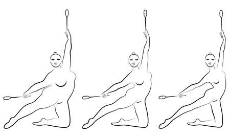 Collection. Silhouette of a cute lady, she does rhythmic gymnastics with clubs. The woman is overweight. Slender girl athlete. Vector illustration set.のイラスト素材