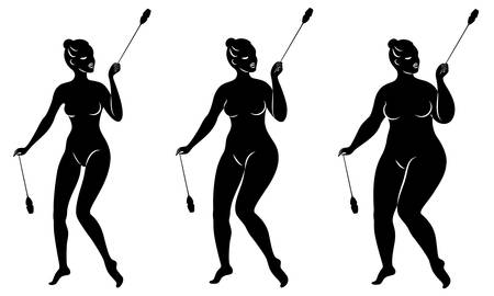 Collection. Silhouette of a cute lady, she does rhythmic gymnastics with clubs. The woman is overweight. Slender girl athlete.のイラスト素材