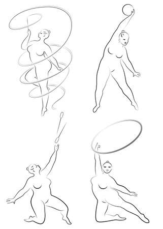 Collection. Gymnastics Silhouette of a girl with a hoop, ribbon, ball, clubs. The woman is overweight, a large body. The girl is a full figure. Set of vector illustrations.のイラスト素材