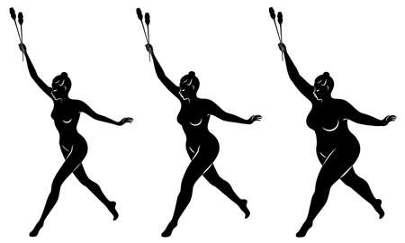 Collection. Silhouette of a cute lady, she does rhythmic gymnastics with clubs. The woman is overweight. Slender girl athlete. Vector illustration set.のイラスト素材