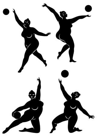 Collection. Gymnastics. Silhouette of a girl with a ball. The woman is overweight, a large body. The girl is full figured. Vector illustration set.のイラスト素材