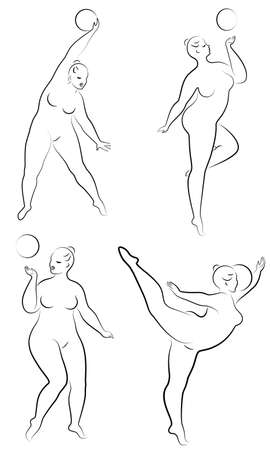 Collection. Gymnastics. Silhouette of a girl with a ball. The woman is overweight, a large body. The girl is full figured. Vector illustration set.のイラスト素材