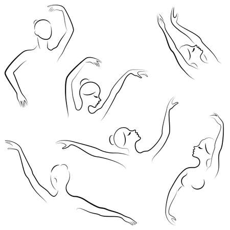 Women s hands. Beautiful graceful silhouettes of hands and head of a lady. Collection. Vector illustration of a set.のイラスト素材