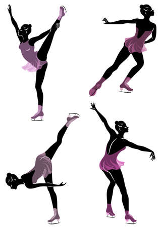 Collection. Skater skates on ice. The girl is beautiful and slender. Lady athlete, figure skater. Vector illustration of a set.のイラスト素材