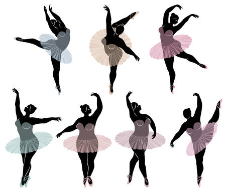 Collection. Silhouette of a cute lady, she is dancing ballet. Woman is overweight. The girl is plump and slim. Woman is ballerina, gymnast. Vector illustration set.のイラスト素材