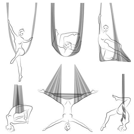 Collection. Fly yoga. Yoga on the hammock. Silhouette of a slender girl who goes in for sports, meditation. Good for your health. Vector illustration setのイラスト素材