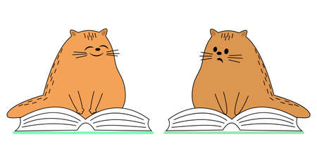 Two cute red cats. A pet is sitting on a book. The animal reads and smiles. Cartoon image. Vector illustration set.のイラスト素材