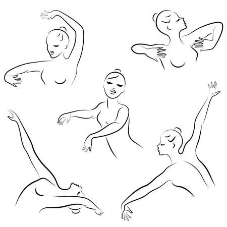 Collection. Lady silhouette. Silhouettes of the hands and head of a girl. Graceful woman. Vector illustration set.のイラスト素材