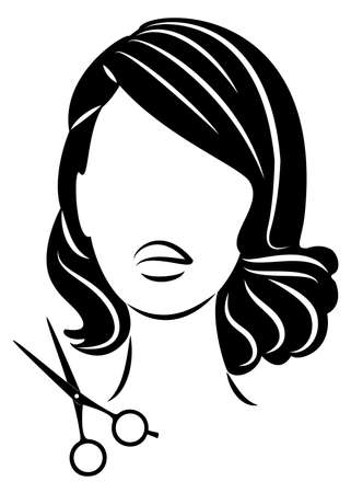 Silhouette of a cute lady. The girl shows a hairstyle on medium and long hair and scissors.のイラスト素材