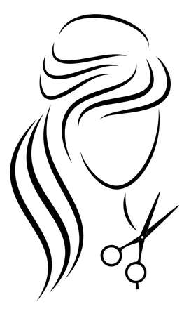 Silhouette of a cute lady. The girl shows a hairstyle on medium and long hair and scissors.のイラスト素材