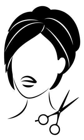 Silhouette of a cute lady. The girl shows a hairstyle on medium and long hair and scissors.のイラスト素材