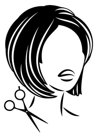 Silhouette of a cute lady. The girl shows a hairstyle on medium and long hair and scissors.のイラスト素材