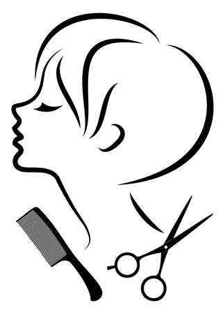 Silhouette of a cute lady. The girl shows a hairstyle on medium and long hair and scissors.のイラスト素材