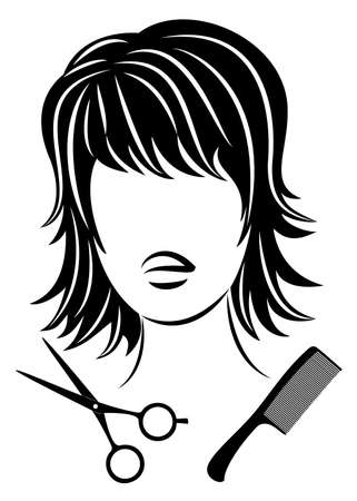 Silhouette of a cute lady. The girl shows a hairstyle on medium and long hair and scissors.のイラスト素材