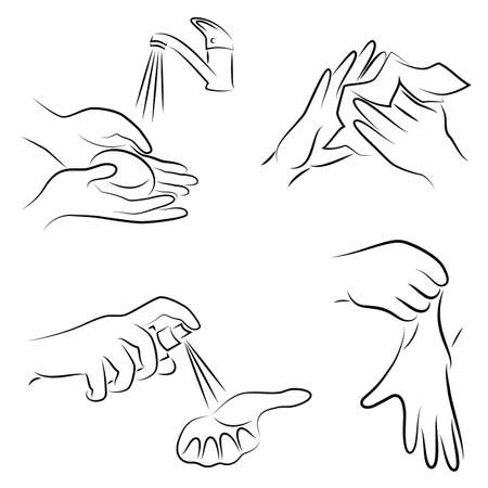 Collection of hygiene procedures. Wash your hands with soap under the tap, wipe with a napkin, treat with an antiseptic, wear rubber gloves. Vector illustration of a setのイラスト素材
