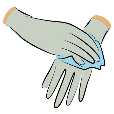 Wear sterile gloves. Wipe with an antiseptic cloth. Hygienic procedure. Disease prevention, good for health. Vector illustrationのイラスト素材