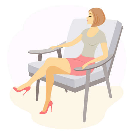 A beautiful lady is sitting in an armchair. The girl has a slim figure. The woman is resting. Vector illustrationのイラスト素材