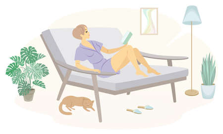 Beautiful lady is sitting on the couch. A girl is reading a book. The woman has a slim figure. the room is cozy. Vector illustrationのイラスト素材