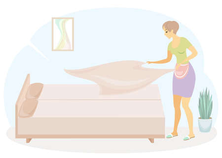 Profile of a sweet lady. The girl is making the bed in the room. A woman is a good wife and a neat housewife. Vector illustration.のイラスト素材