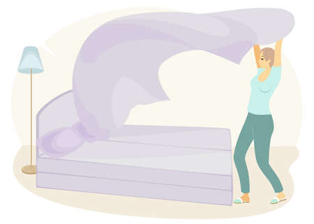 Profile of a sweet lady. The girl is making the bed in the room. A woman is a good wife and a neat housewife. Vector illustration.のイラスト素材