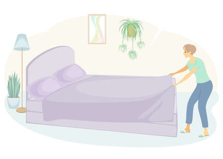 Profile of a sweet lady. The girl is making the bed in the room. A woman is a good wife and a neat housewife. Vector illustrationのイラスト素材
