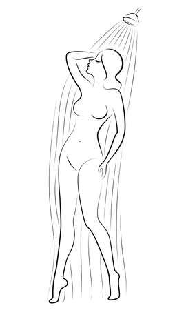 Silhouette of a cute young lady. The girl washes in the shower. The woman has a slim beautiful figure. Vector illustration.のイラスト素材