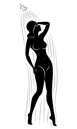 Silhouette of a cute young lady. The girl washes in the shower. The woman has a slim beautiful figure. Vector illustration.のイラスト素材
