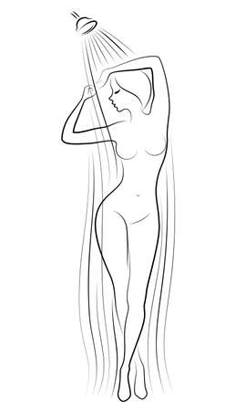 Silhouette of a cute young lady. The girl washes in the shower. The woman has a slim beautiful figure. Vector illustration.のイラスト素材