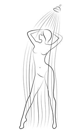 Silhouette of a cute young lady. The girl washes in the shower. The woman has a slim beautiful figure. Vector illustrationのイラスト素材