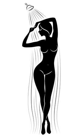 Silhouette of a cute young lady. The girl washes in the shower. The woman has a slim beautiful figure. Vector illustration.のイラスト素材