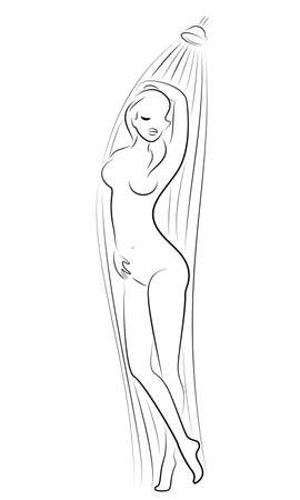 Silhouette of a cute young lady. The girl washes in the shower. The woman has a slim beautiful figure. Vector illustration.のイラスト素材