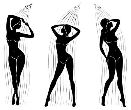Collection. Silhouette of a cute young lady. The girl washes in the shower. The woman has a slim beautiful figure. Vector illustration set.のイラスト素材