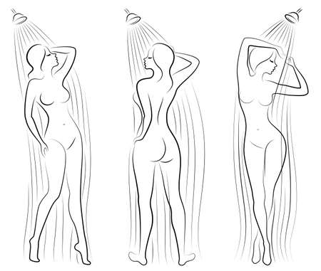 Collection. Silhouette of a cute young lady. The girl washes in the shower. The woman has a slim beautiful figure. Vector illustration set.のイラスト素材