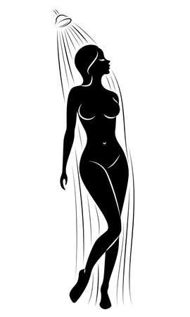 Silhouette of a cute young lady. The girl washes in the shower. The woman has a slim beautiful figure. Vector illustration.のイラスト素材
