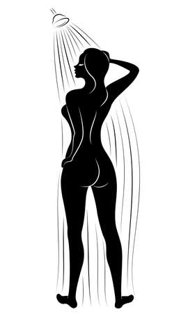 Silhouette of a cute young lady. The girl washes in the shower. The woman has a slim beautiful figure. Vector illustration.のイラスト素材