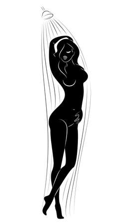 Silhouette of a cute young lady. The girl washes in the shower. The woman has a slim beautiful figure. Vector illustration.のイラスト素材