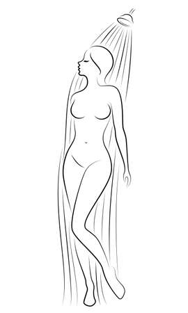 Silhouette of a cute young lady. The girl washes in the shower. The woman has a slim beautiful figure. Vector illustration.のイラスト素材