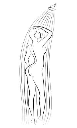Silhouette of a cute young lady. The girl washes in the shower. The woman has a slim beautiful figure. Vector illustration.のイラスト素材