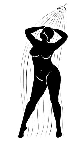 Silhouette of a cute young lady. The girl washes in the shower. The woman has a slender large magnificent beautiful figure. Vector illustration.のイラスト素材